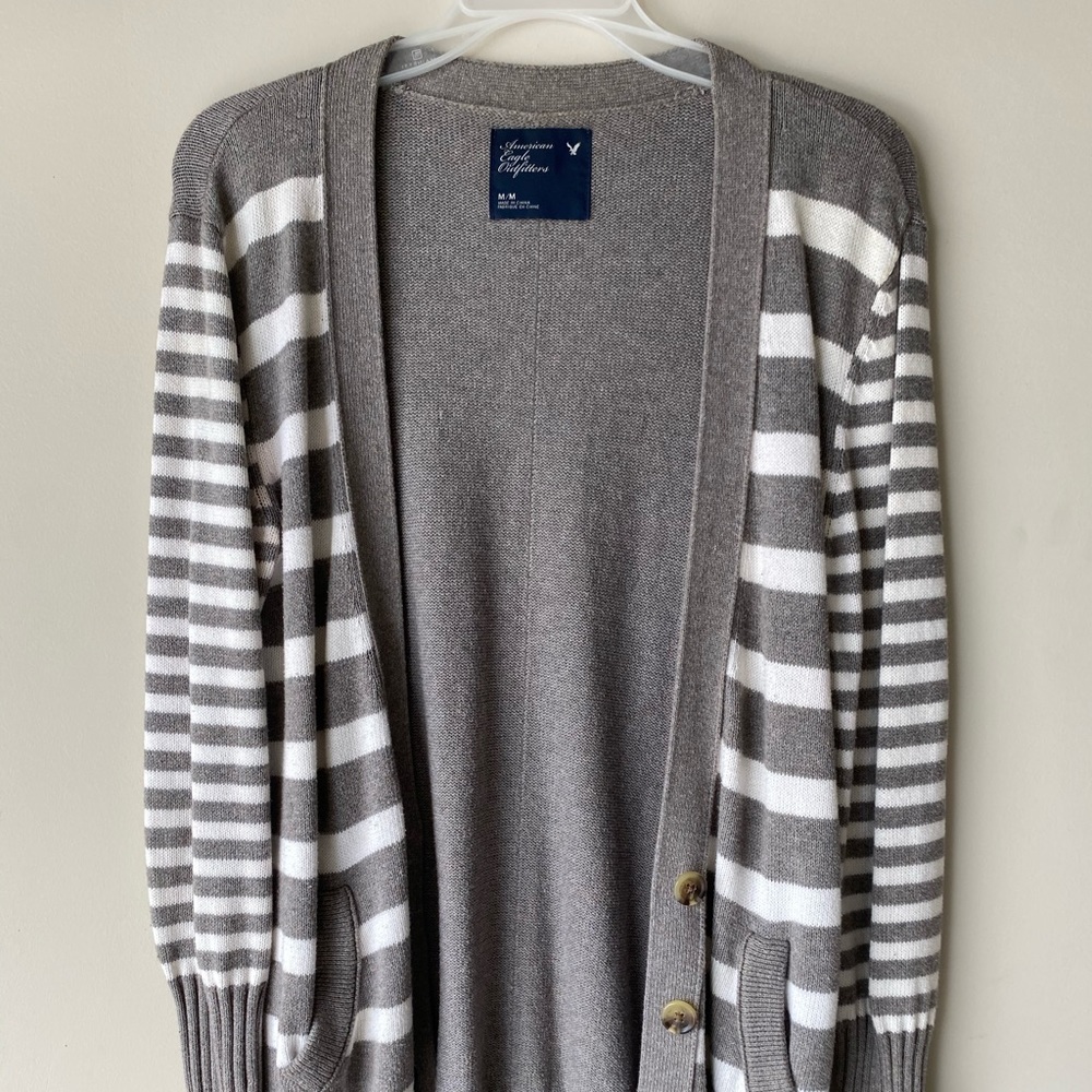 Gray and white striped cardigan